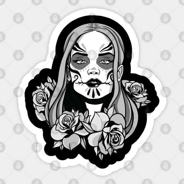 Sugar Skull Woman with Roses Black and White Sticker by Kali Space